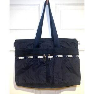 LeSportsac Navy Blue Ripstop Nylon Tote Bag Made in USA Shoulder Bag Logo Trim